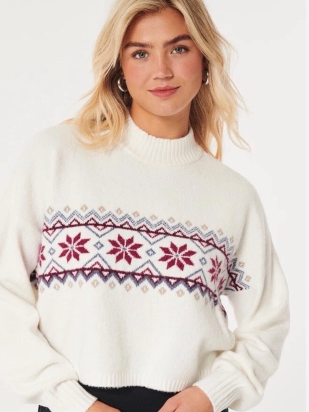 Hollister White Mockneck Sweater with Red and Gray Fair Isle, size Small,EUC